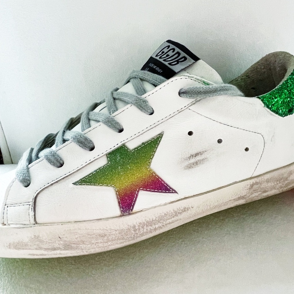 Golden Goose Superstar Green Glitter Back Sneakers